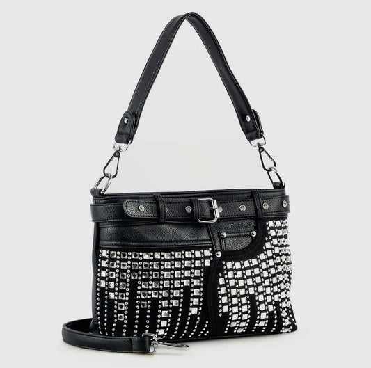 Black Belted Rhinestone Shoulder Bag