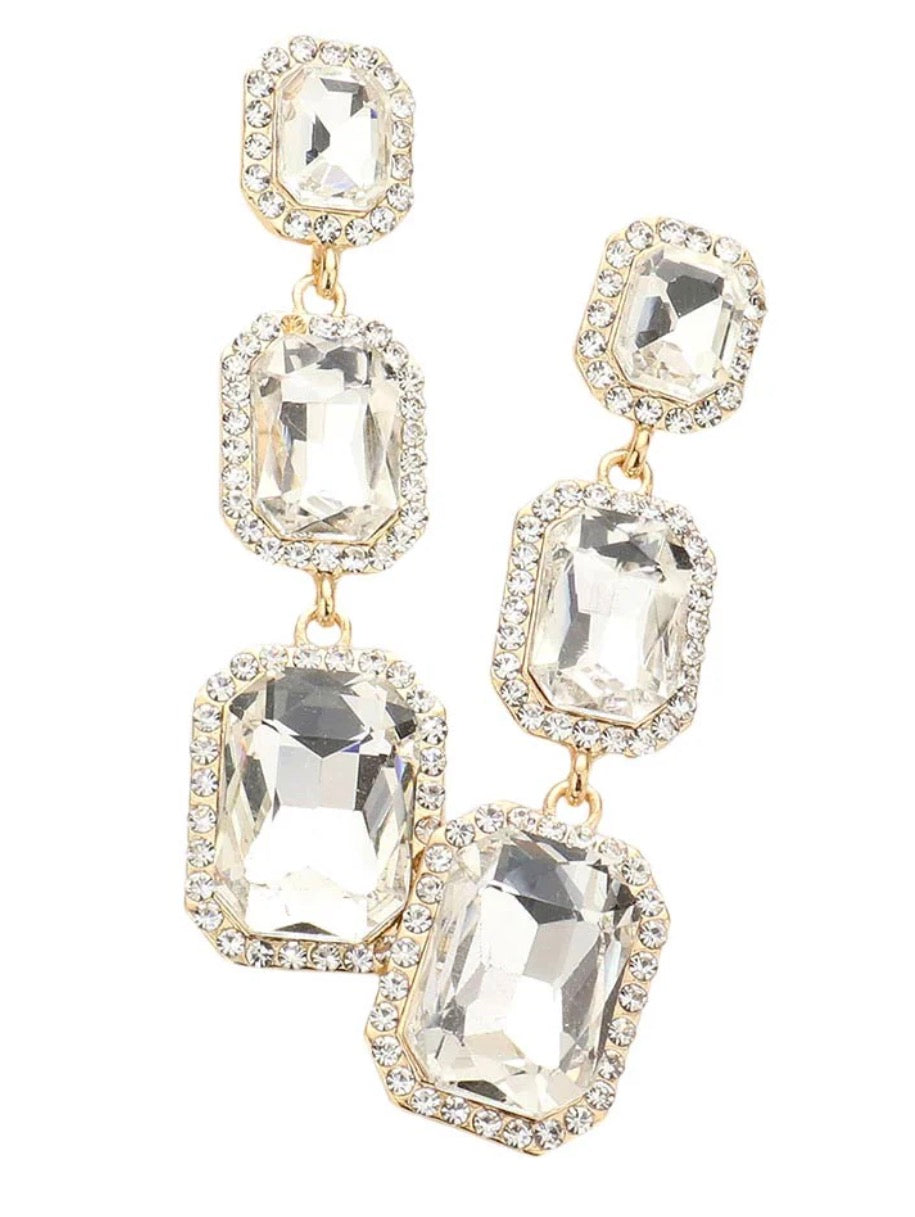 Triple Emerald Cut Stone Link Dangle Evening Earrings