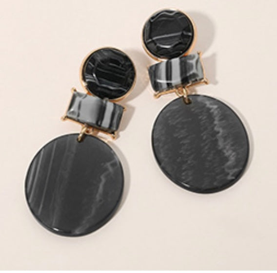 Geometric Resin Round Drop Statement Earrings_Black
