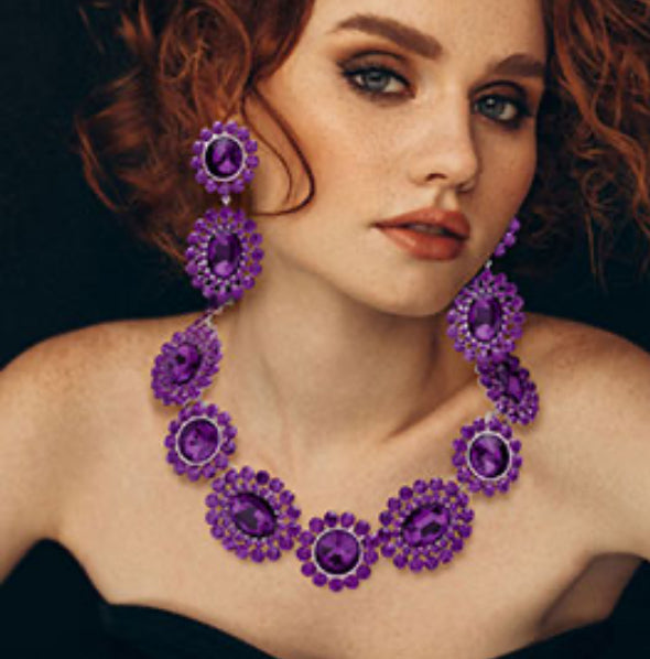 Purple Round Oval Stone Accented Necklace