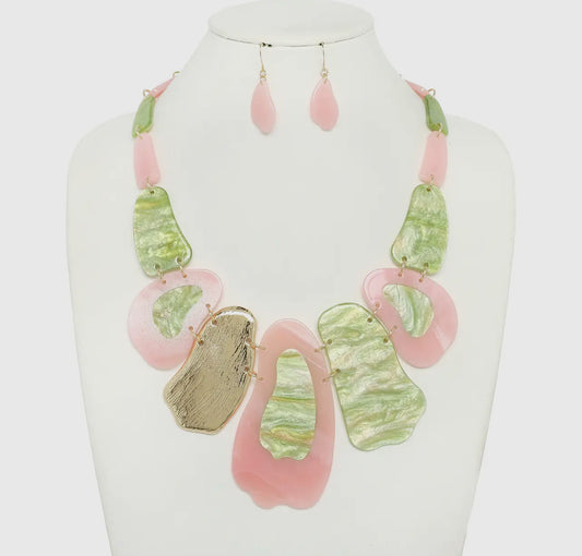 Pink & Green Pebble Link Bib Necklace