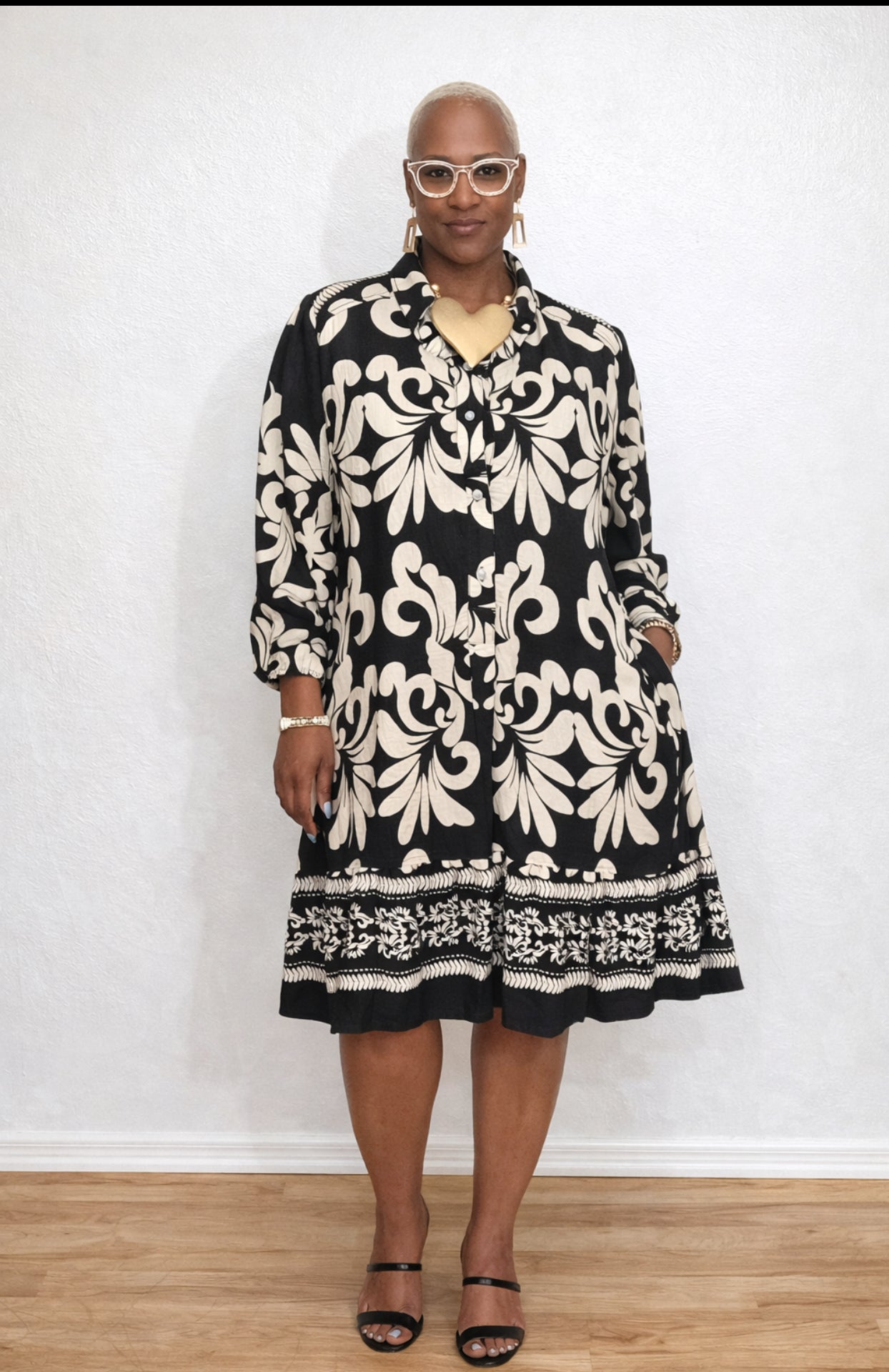 Black Pearl Button Shirt Dress