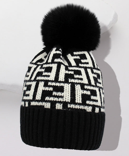 Geometric Patterned Pom Pom Beanie Hat