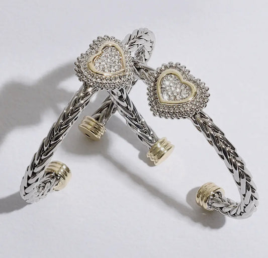 Two-Toned Rhinestone Heart Cuff