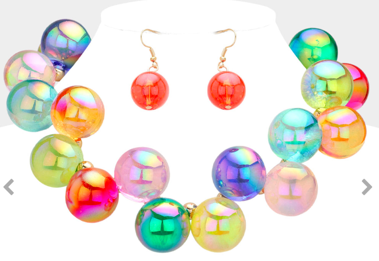 Chunky Iridescent Ball Beaded Necklace_G Multi