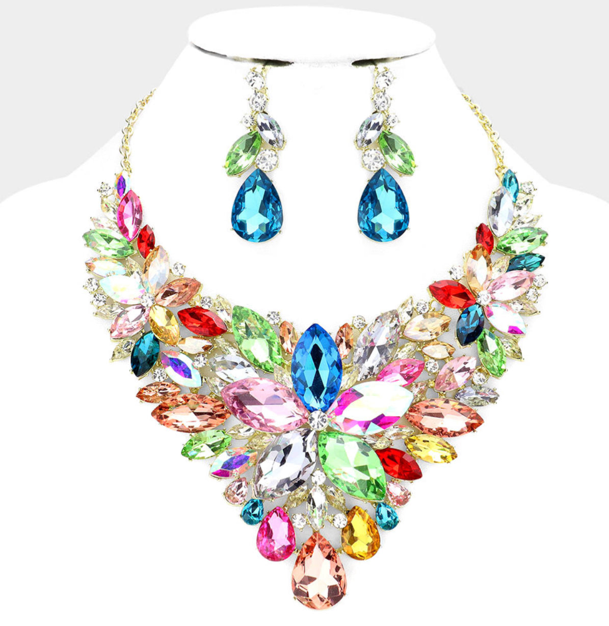 Multi Color Stone Flower Cluster Accented Necklace Set