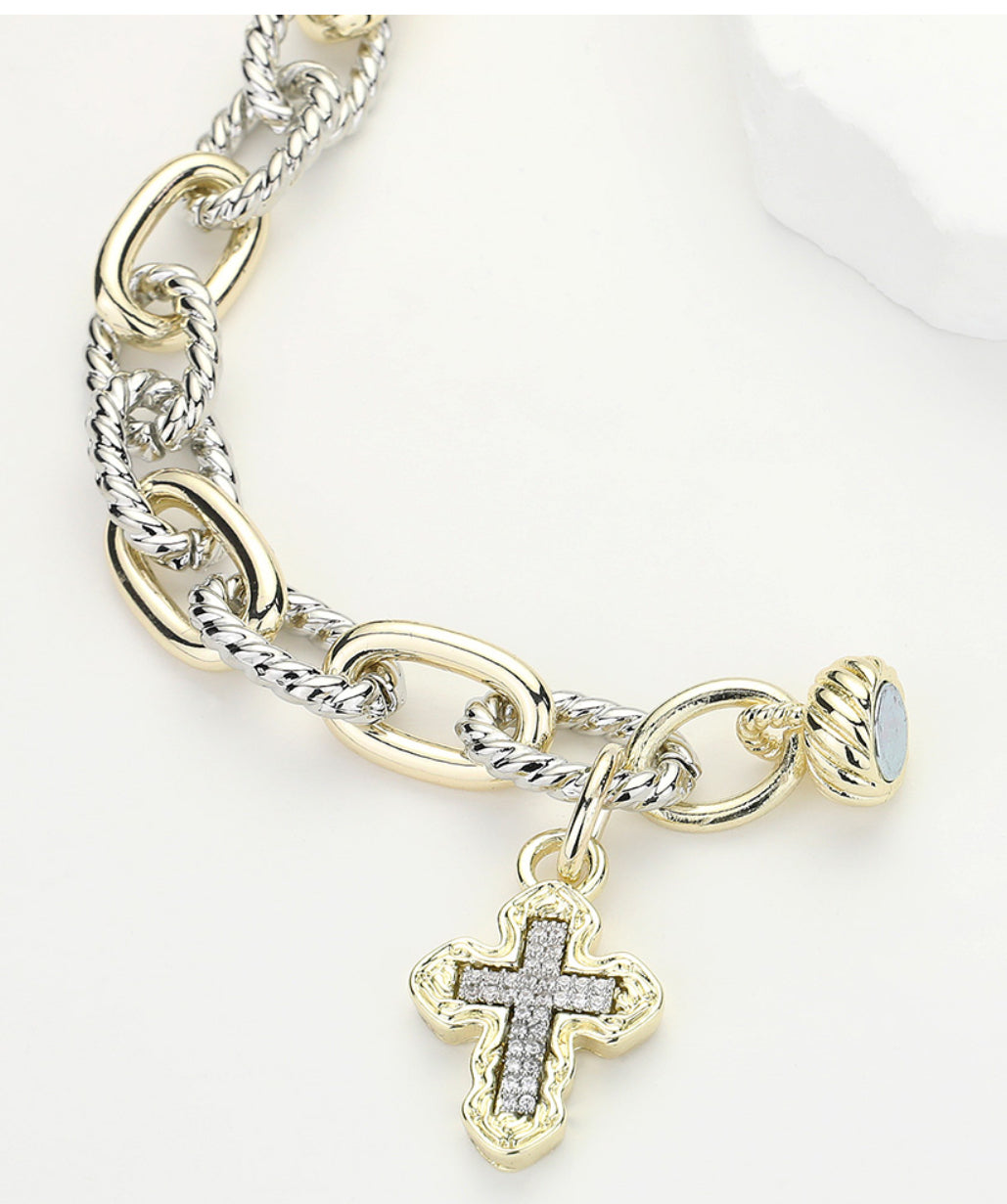 14K Gold Plated Two Tone Stone Paved Cross Charm Chunky Chain Magnetic Bracelet