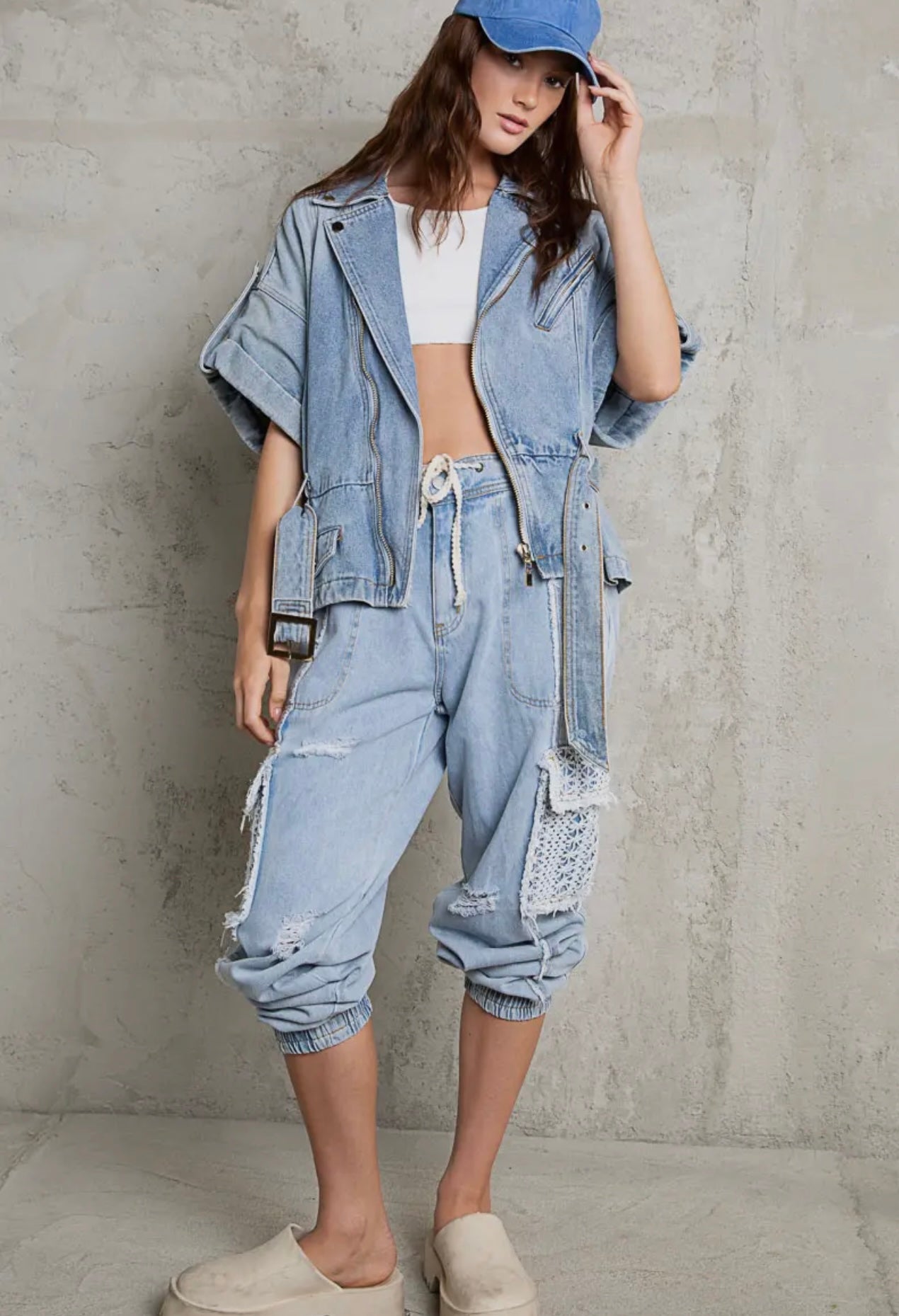 Asymmetrical Denim Zipper Waist Jacket