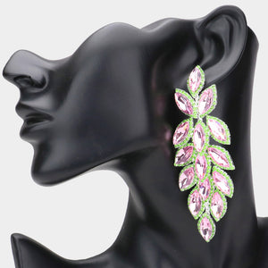 Pink & Green Marquise Stone Cluster Vine Dangle Earrings