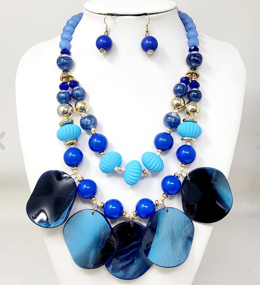 Blue Chunky Wavy Beaded Double Statement Necklace