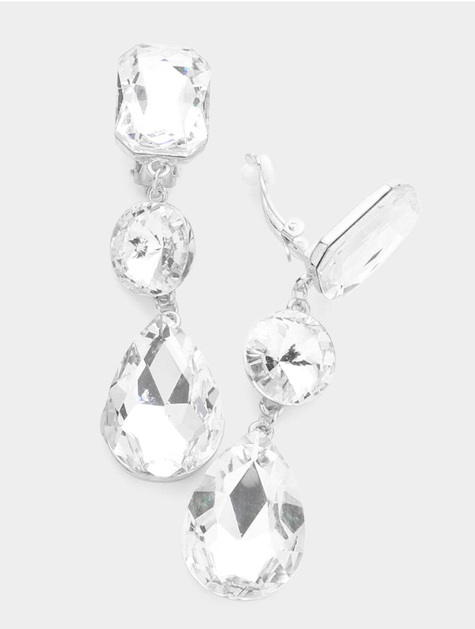 Triple Glass Crystal Drop Clip On Earrings