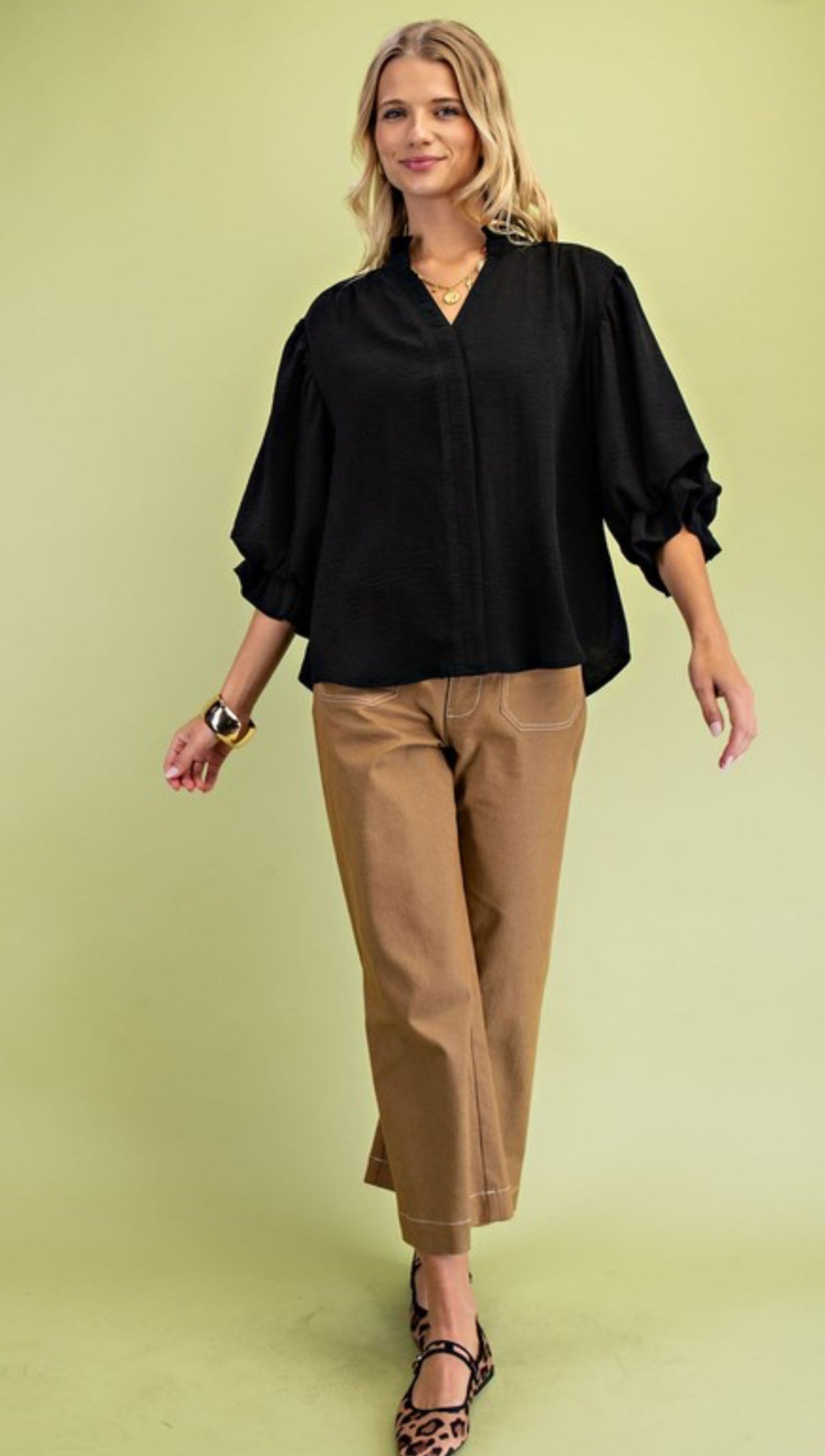 Bella 3/4 Length Gathered Balloon Sleeve Blouse- Black
