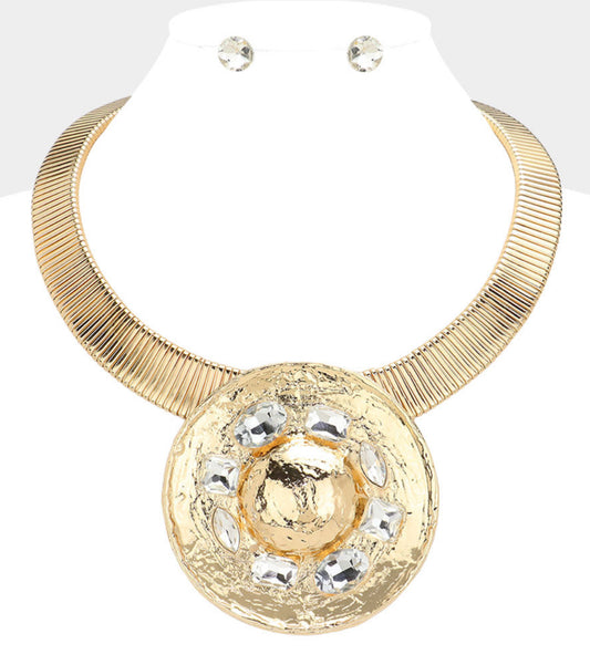 Rhinestone  Hammered Metal Circle Statement Necklace