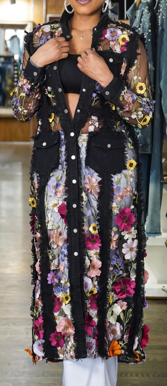FLOWER PETALS ON DENIM LONG JACKET