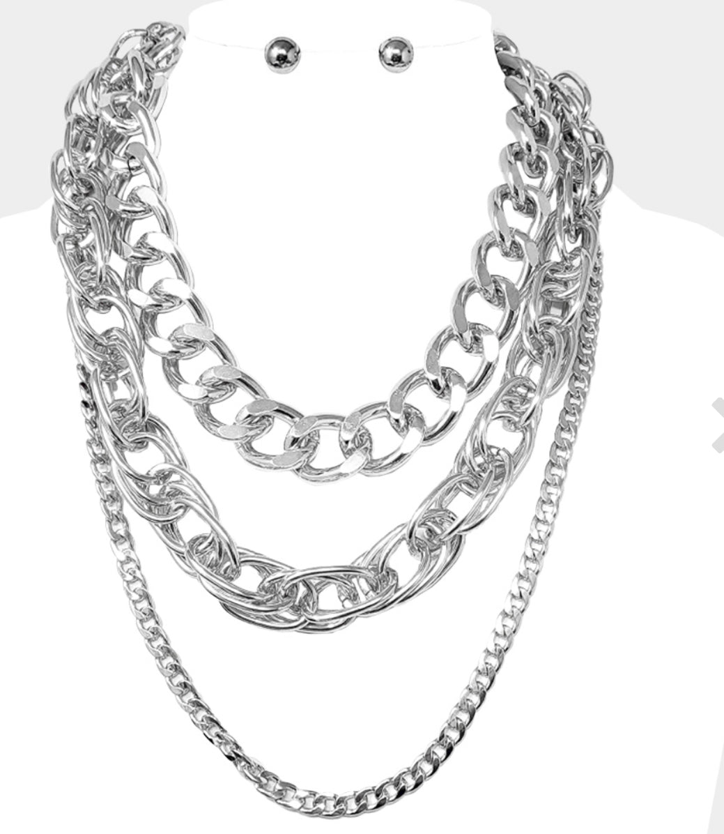Chunky Metal Layered Chain Statement Necklace
