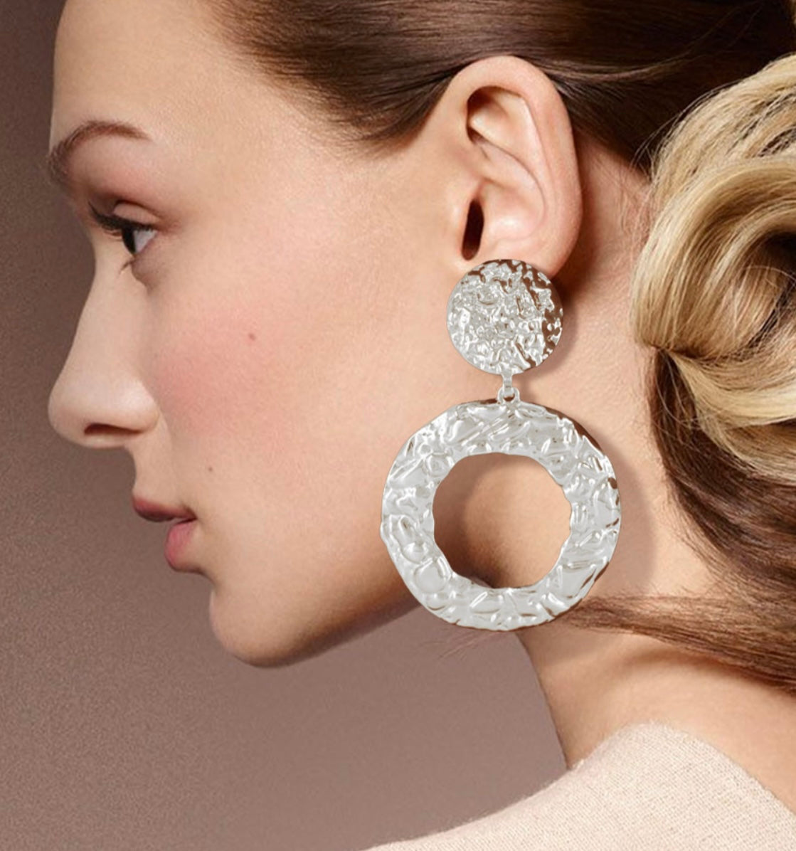 Silver Textured Open Metal Circle Earrings