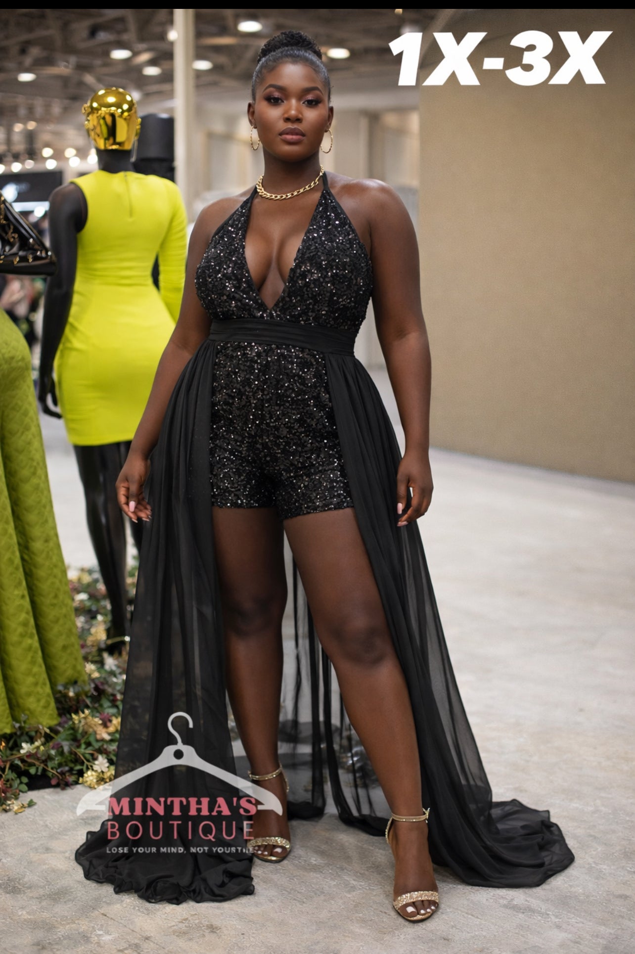 Black Sequins Halter Short with Long Tail