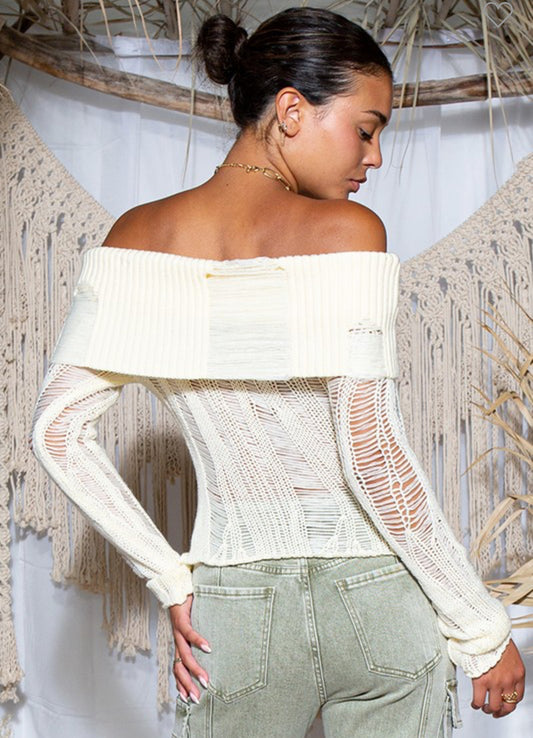 Far Fetch Distressed Off Shoulder  Sweater