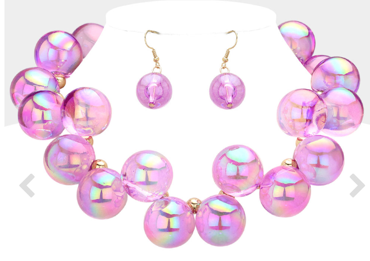 Chunky Iridescent Ball Beaded Necklace_Pink