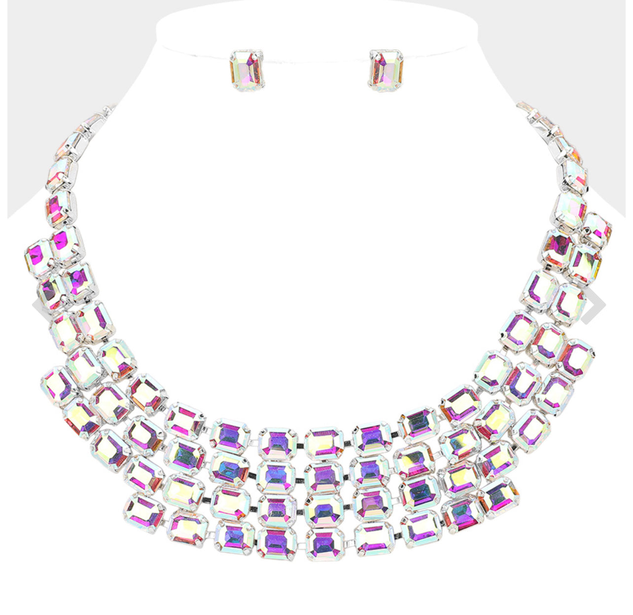 Emerald Cut Glass Stone Cluster Layered Collar Evening Necklace