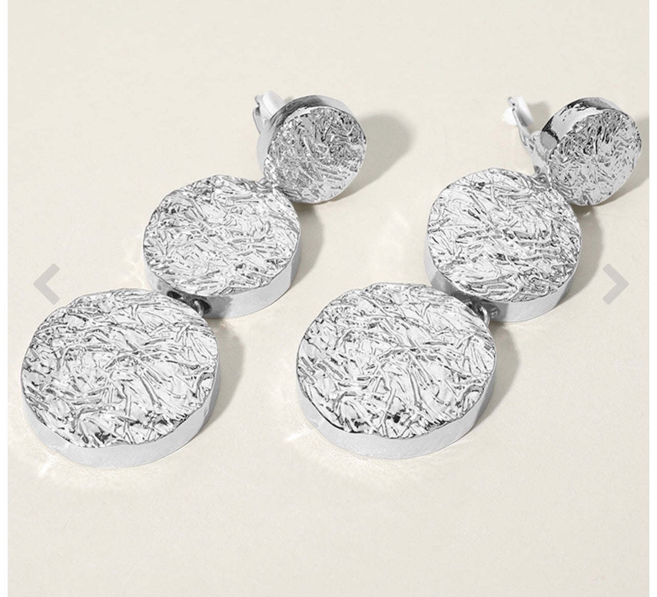 Chunky Textured Metal Disc Dropdown Clip On Earrings