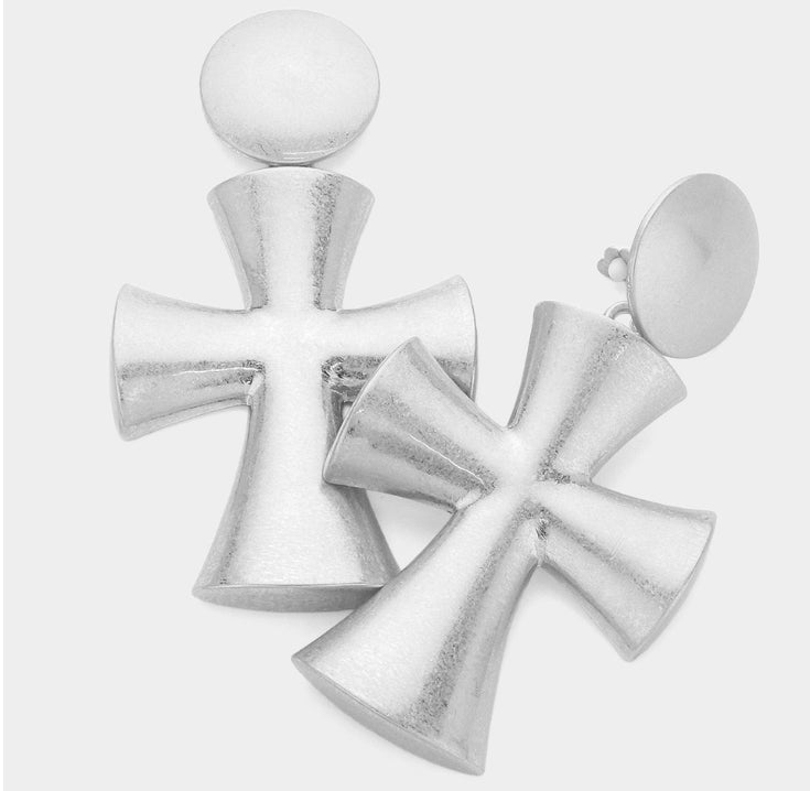 Silver Matte Metal Oversized Cross Dangle Clip On Earrings