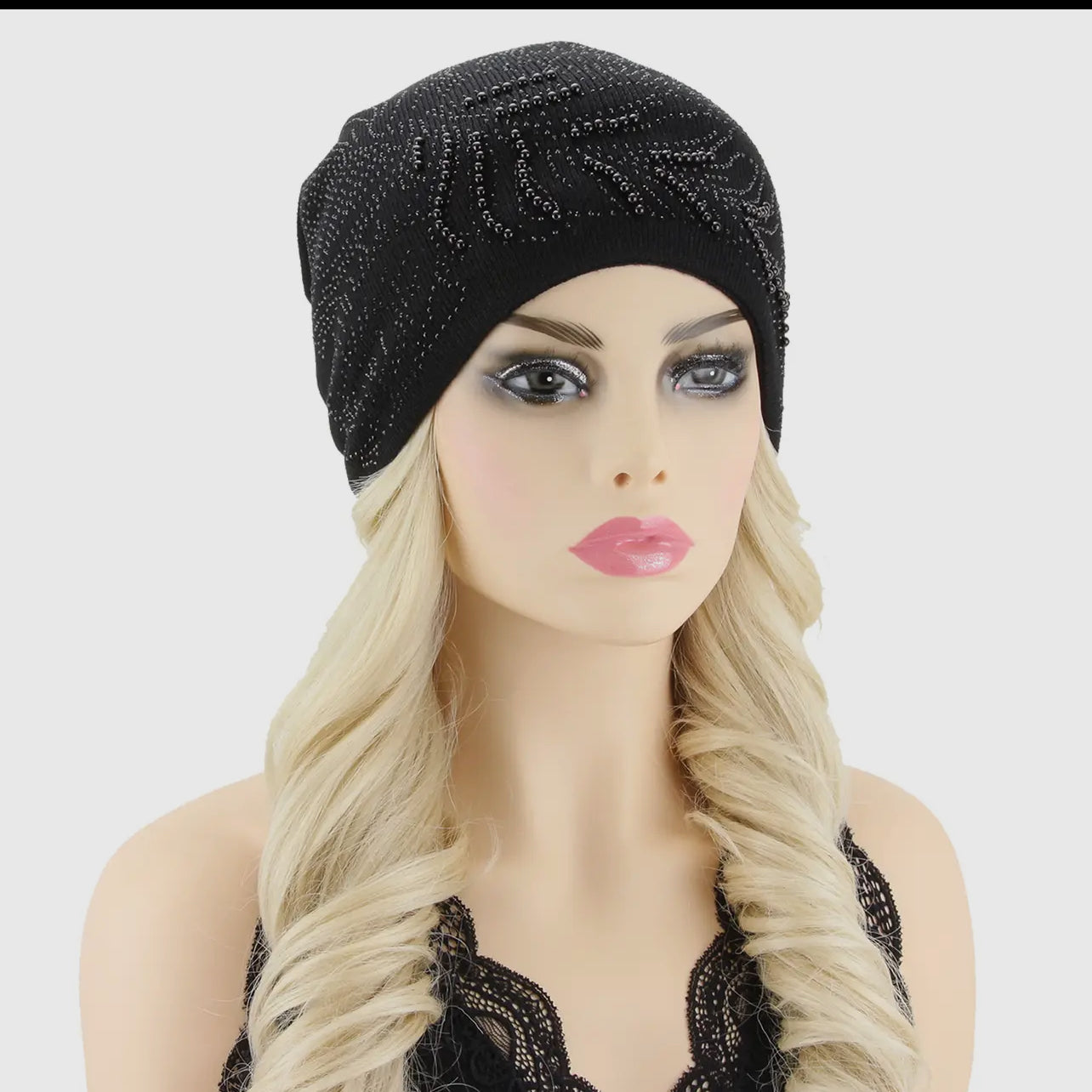 Rhinestone Encrusted Peacock Feather Beanie