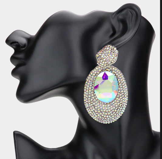 Oval Glass Stone Rhinestone Earrings