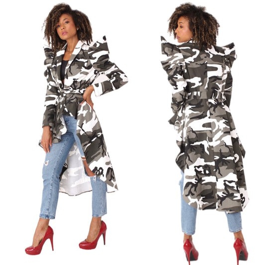 Grey & Black Camo High Low Belted Jacket