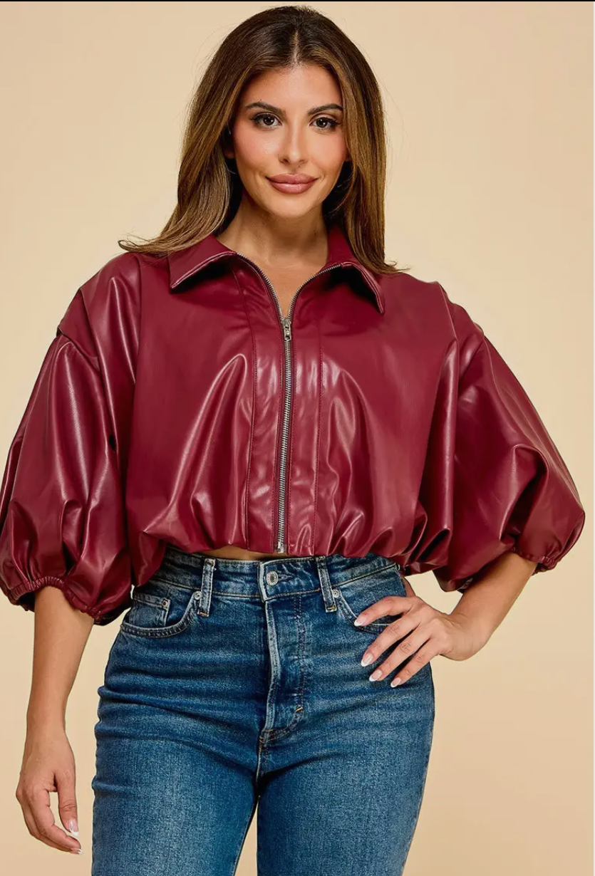 Vegan Leather Cropped Zip Up Blouse