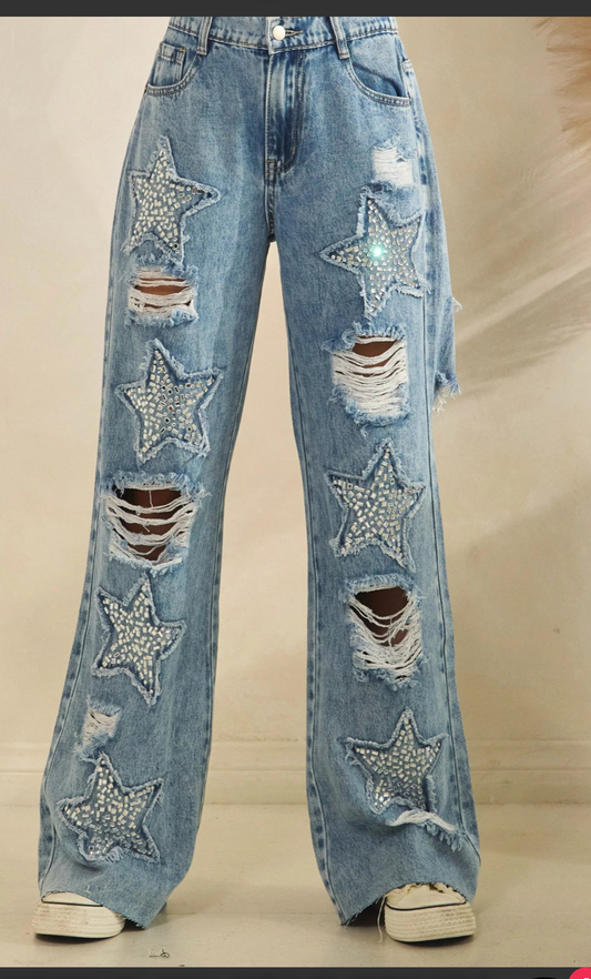 Washed Denim Stone On Star Jeans