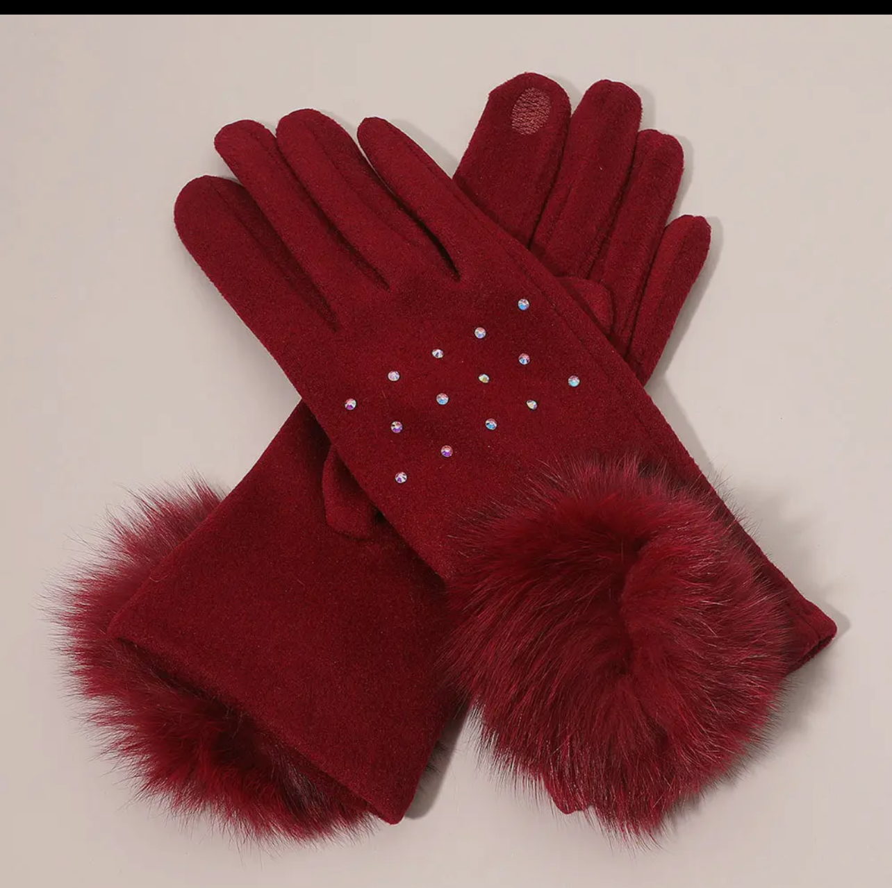 Faux Fur Gloves w/Rhinestone