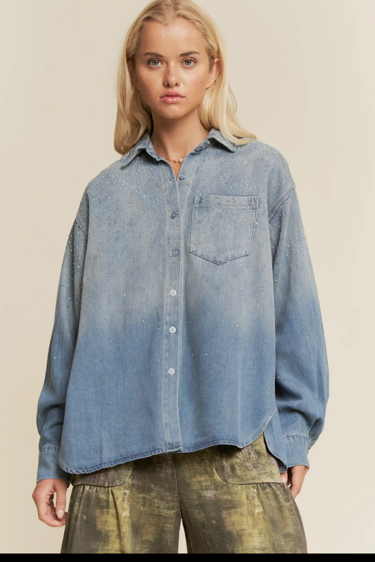 Denim Button Down Collar Shirt w/Stones