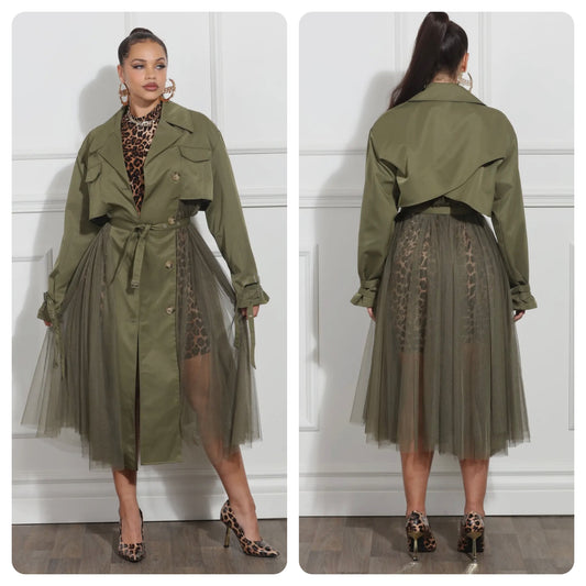 Olive - Coat with Side Pleating and Belt