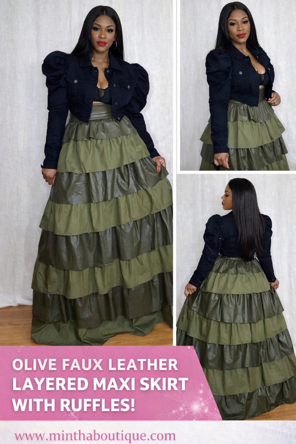Olive Faux Leather Layered Maxi Skirt With Ruffles