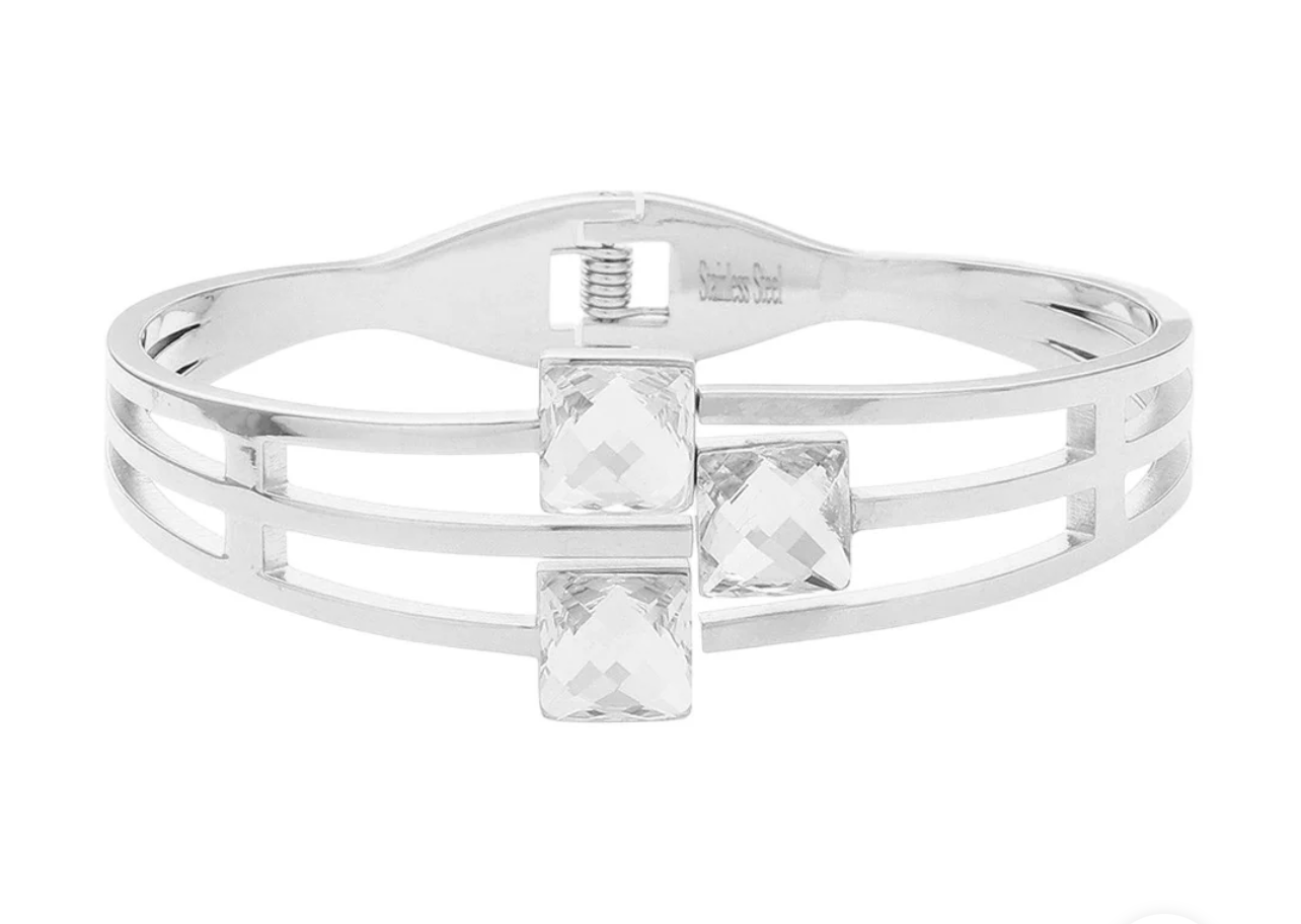 Stainless Steel Triple Square Stone Pointed Hinged Bangle Bracelet