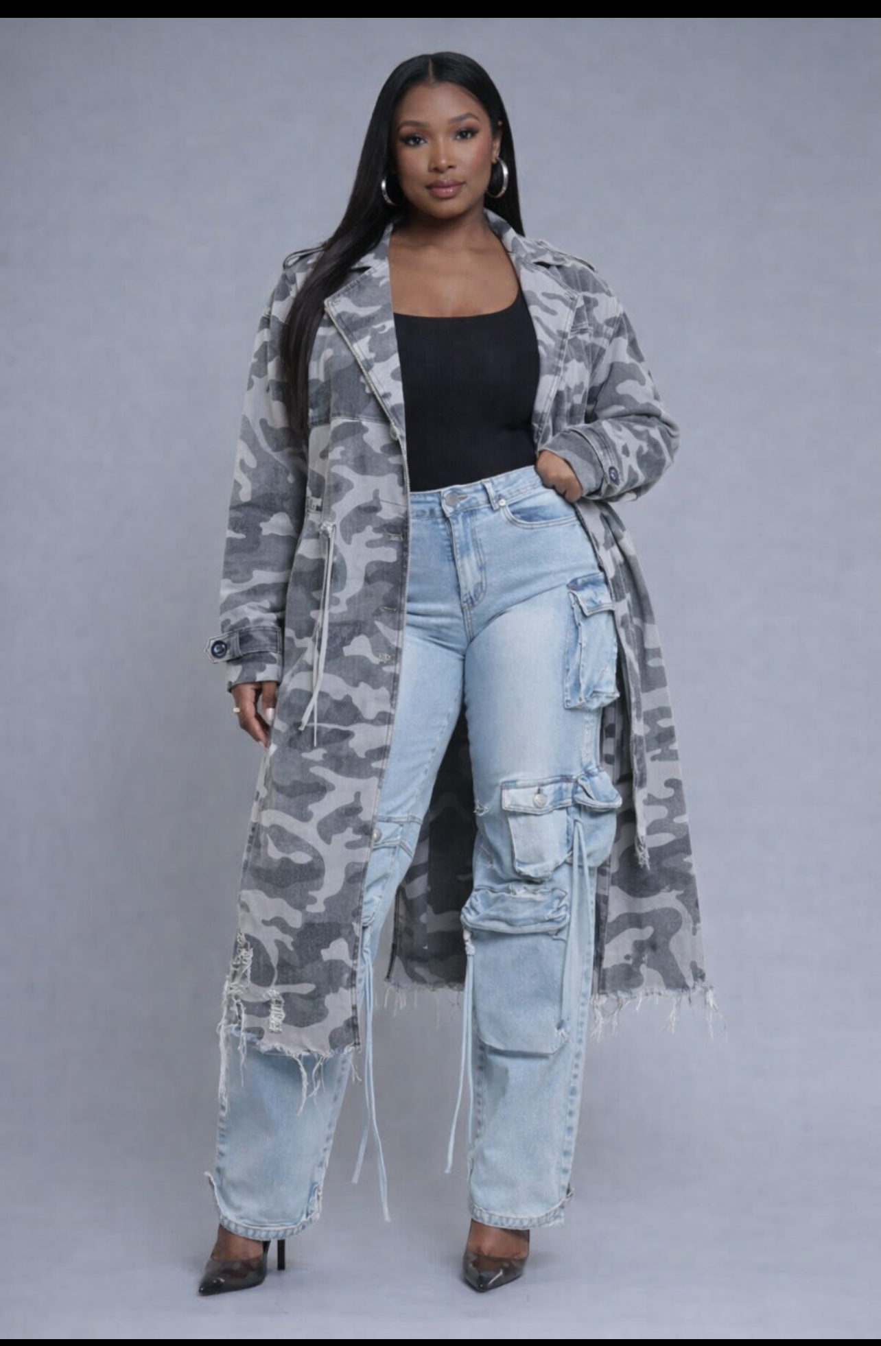 Wear It Longline Distressed Camouflage Jacket - Grey