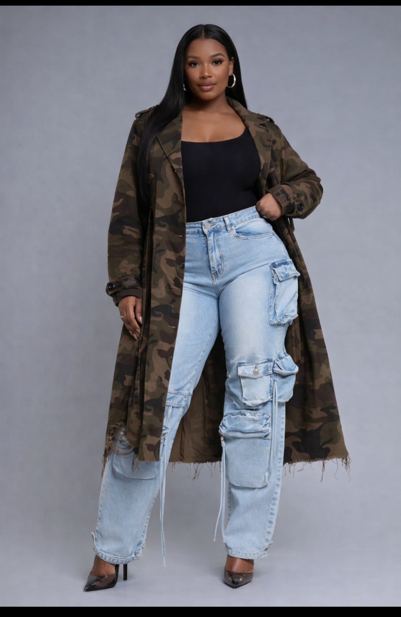 Wear It Longline Distressed Camouflage Jacket - Grey