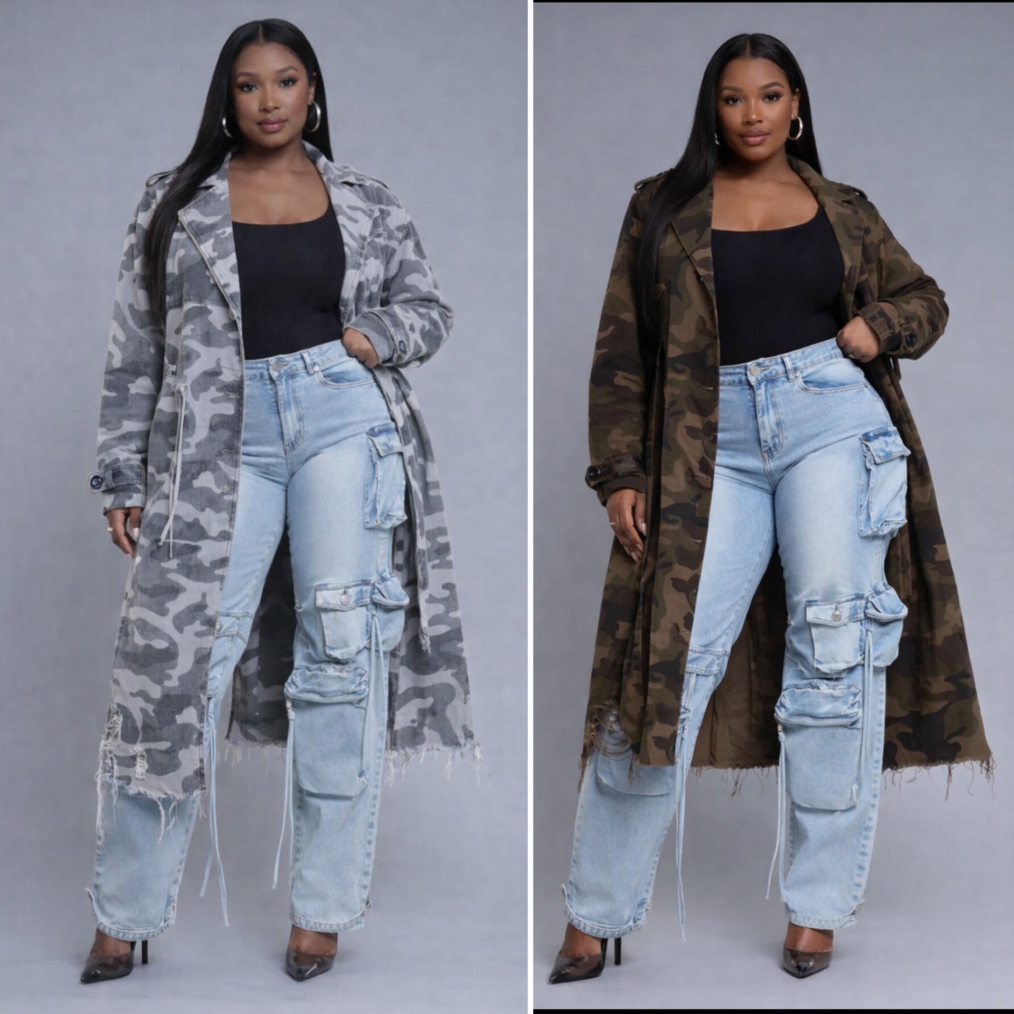 Wear It Longline Distressed Camouflage Jacket - Grey