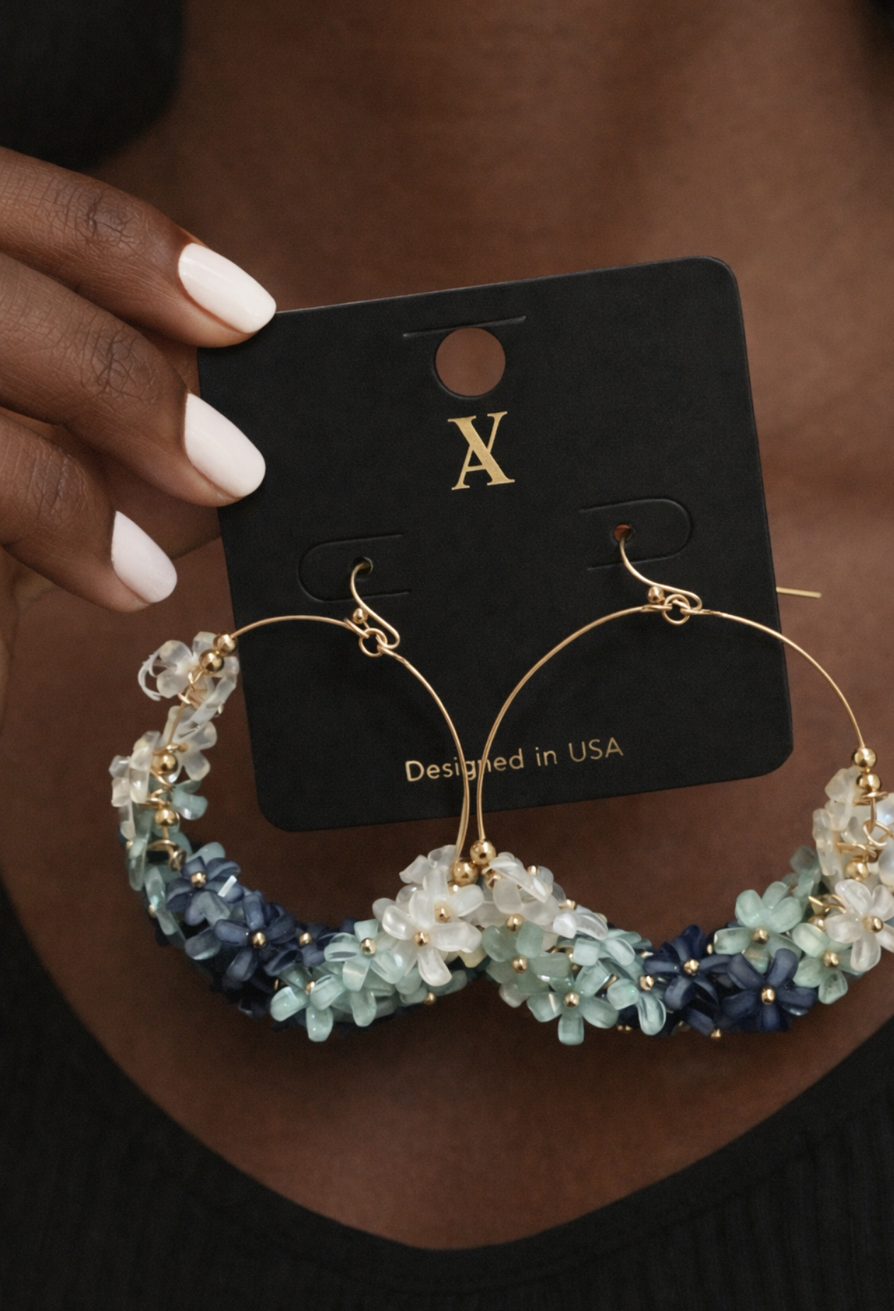 Beaded Flower Drop Hoop Earrings