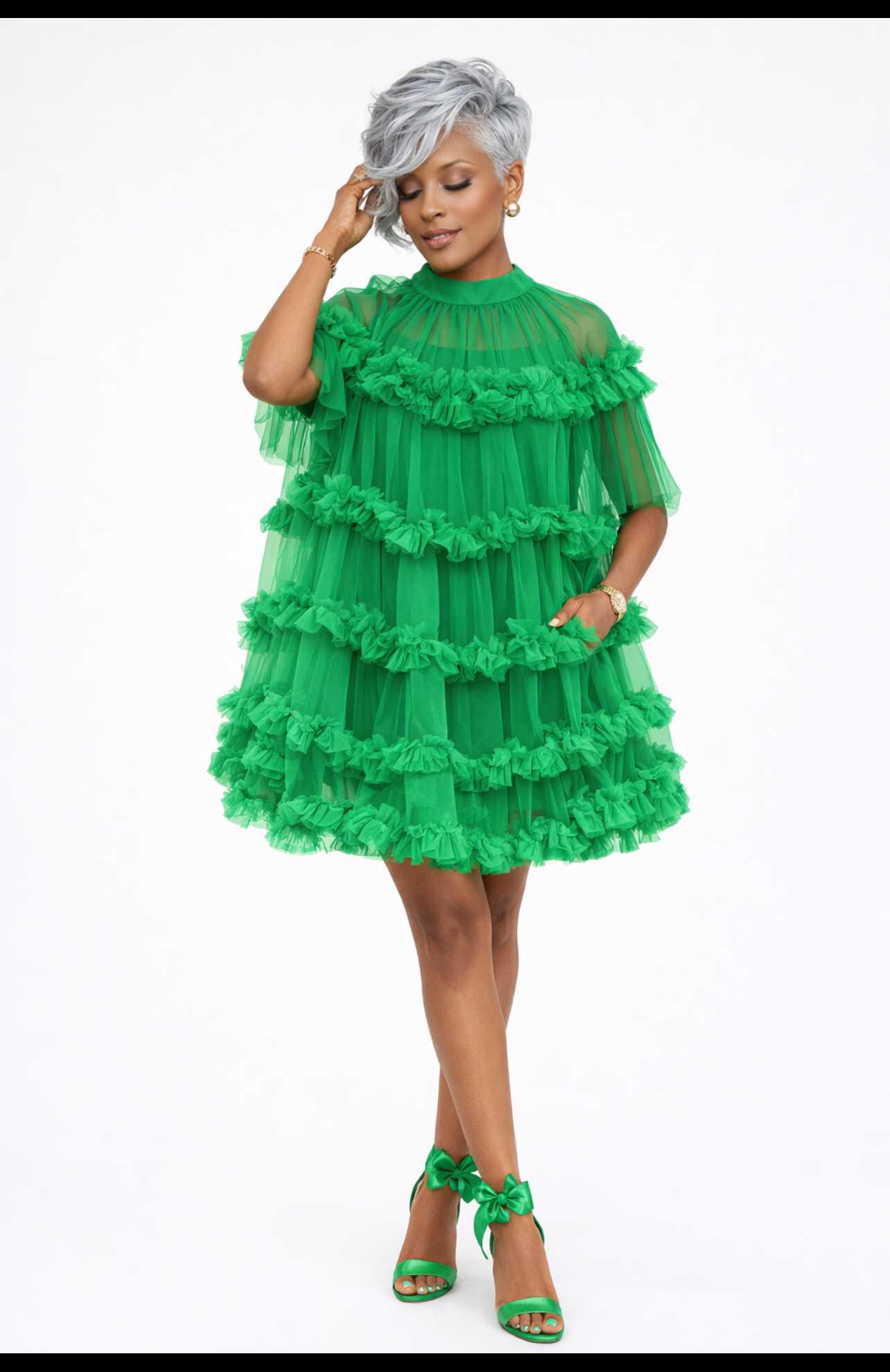 Kelly Green Mock Neck Tulle Mini Cape Dress