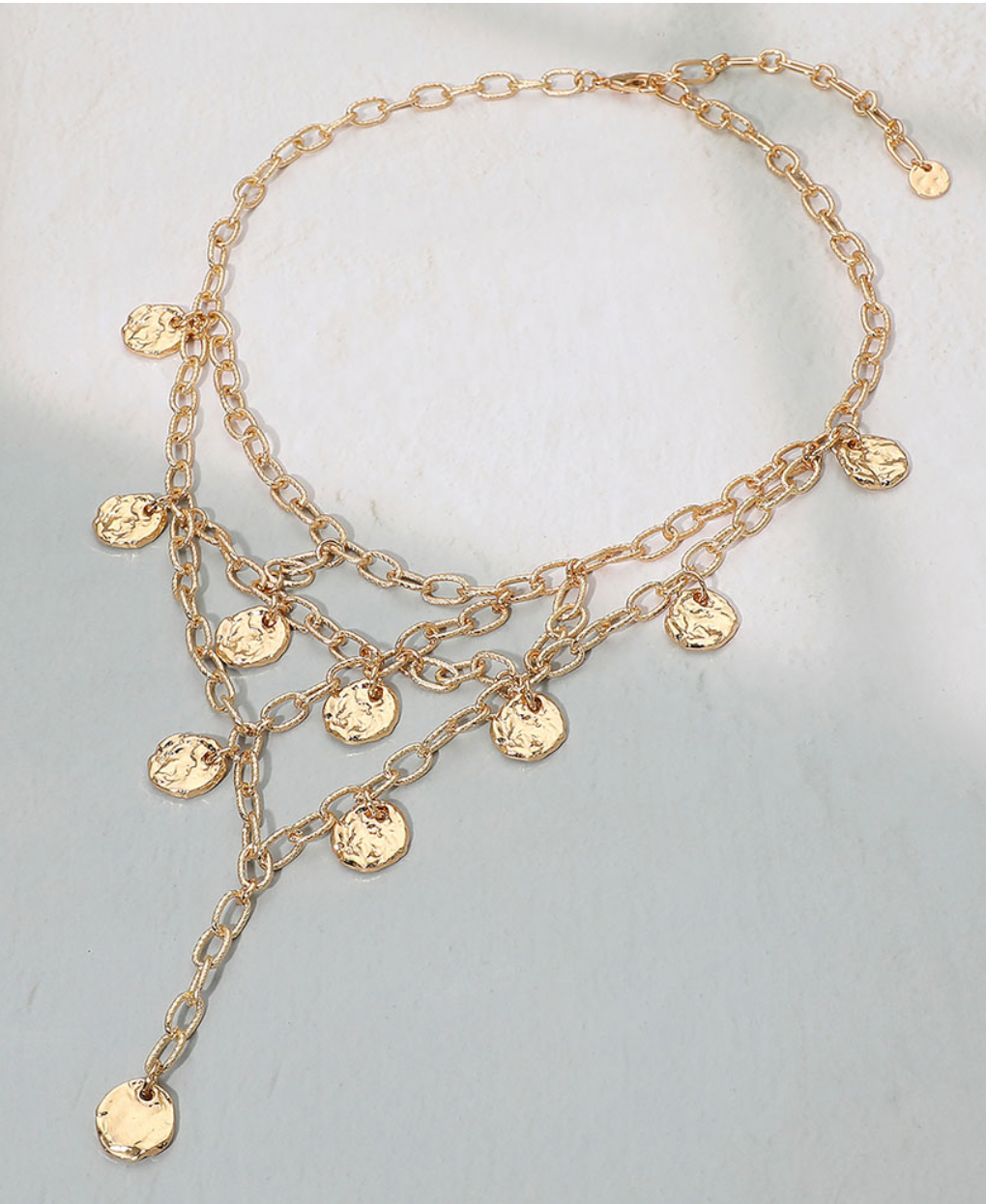 Hammered Metal Disc Drop Layered Statement Necklace