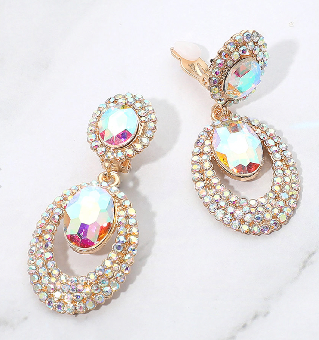 Oval Halo Drop Clip On Earrings