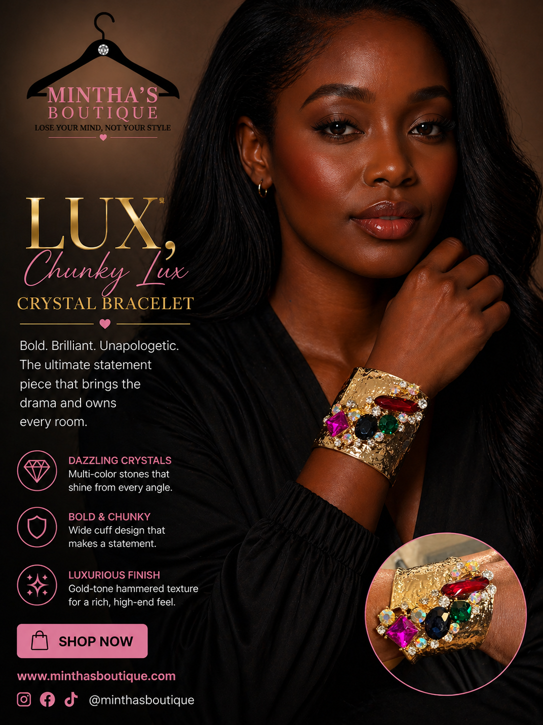 Chunky Luxe Colored Crystal Hinged Bracelet