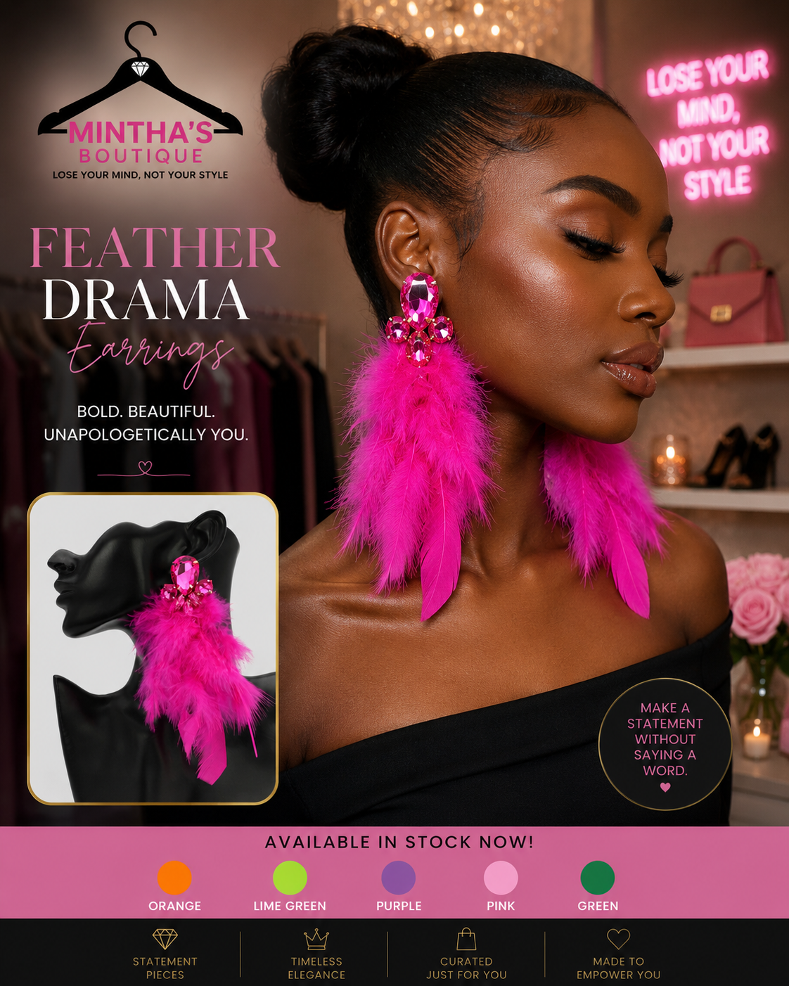 Feather Drama Earrings_Fuschia
