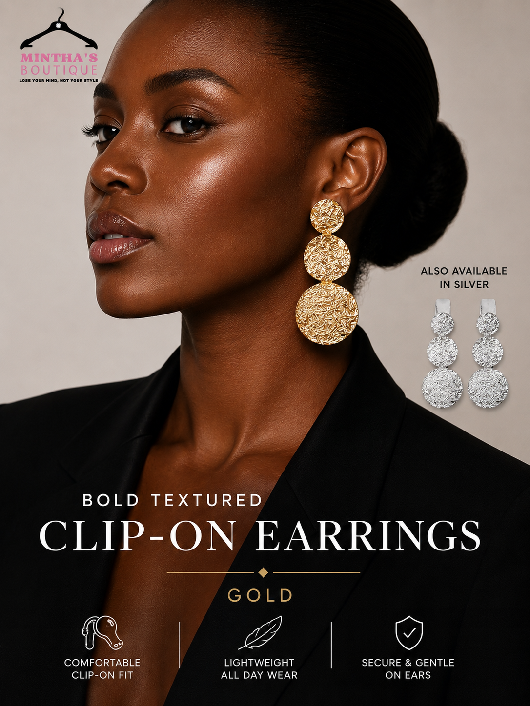 Chunky Textured Metal Disc Dropdown Clip On Earrings