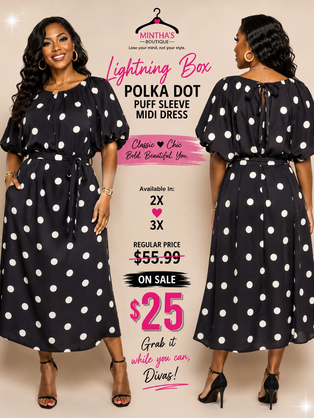 LIGHTING BOX POLKA DOT PUFF SLEEVES WAIST MIDI DRESS