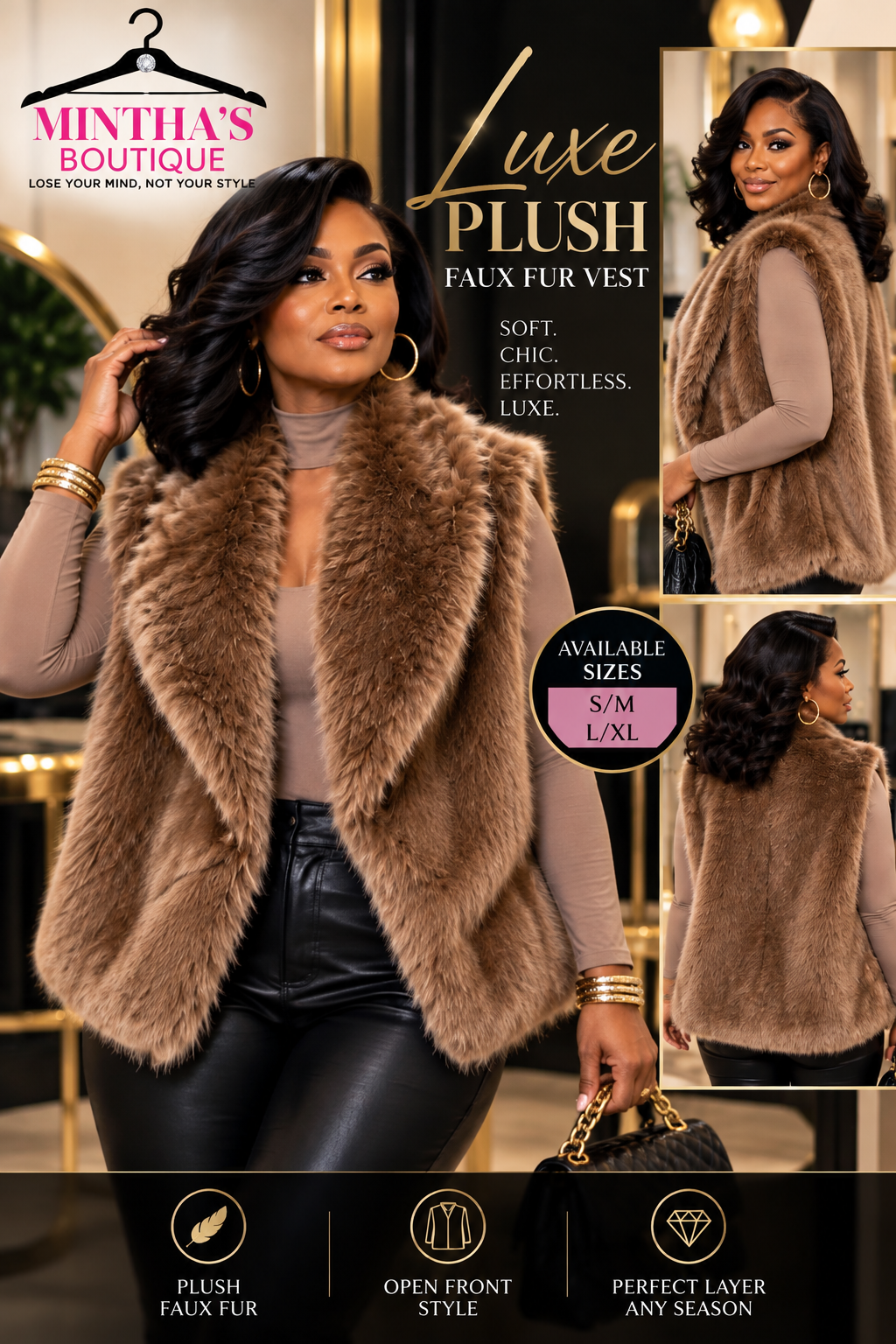 Faux Fur Plush Open Front Vest