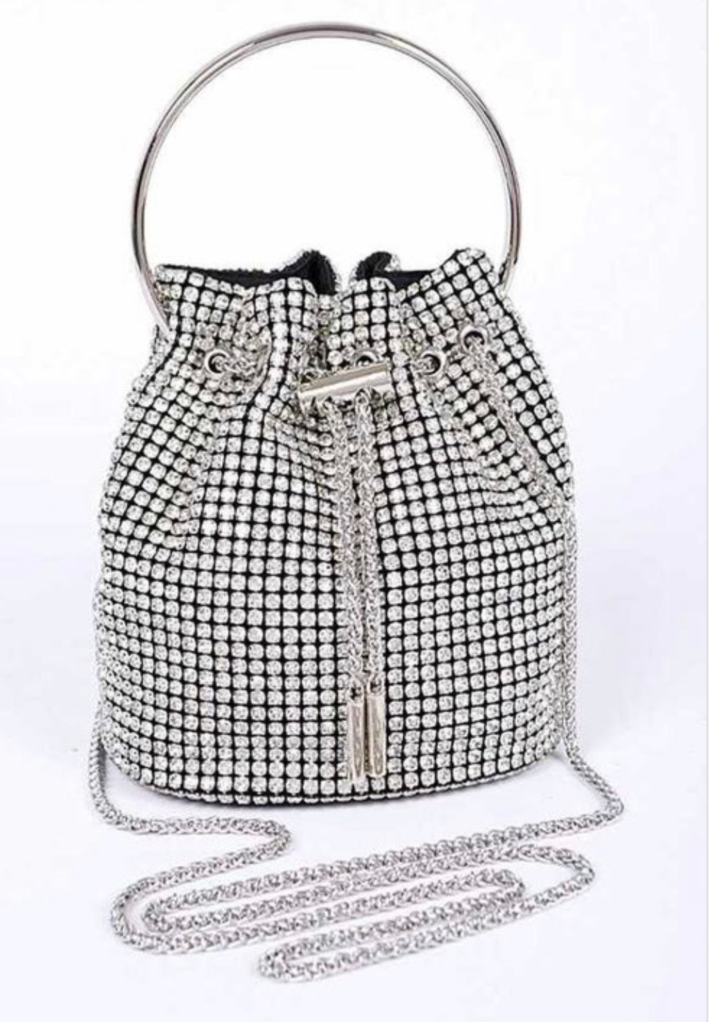 Clear Rhinestone Drawstring Bucket Bag