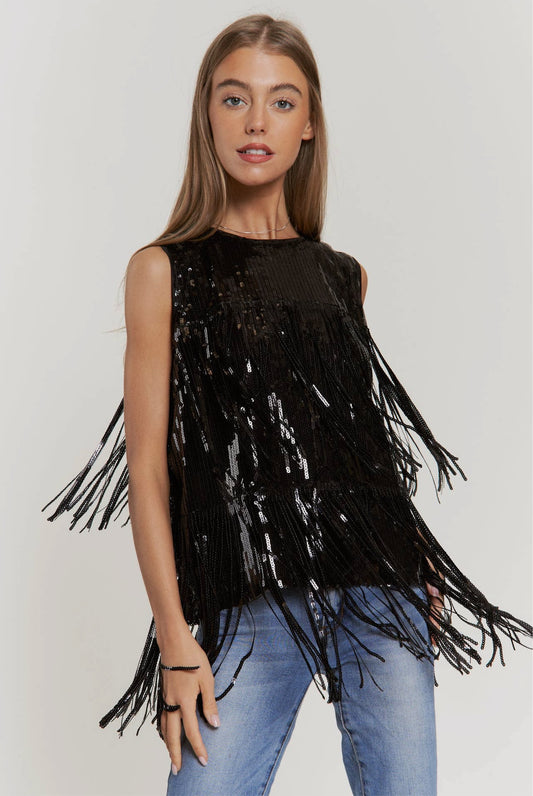 Moda Glam Sequins Tassel Tank Top